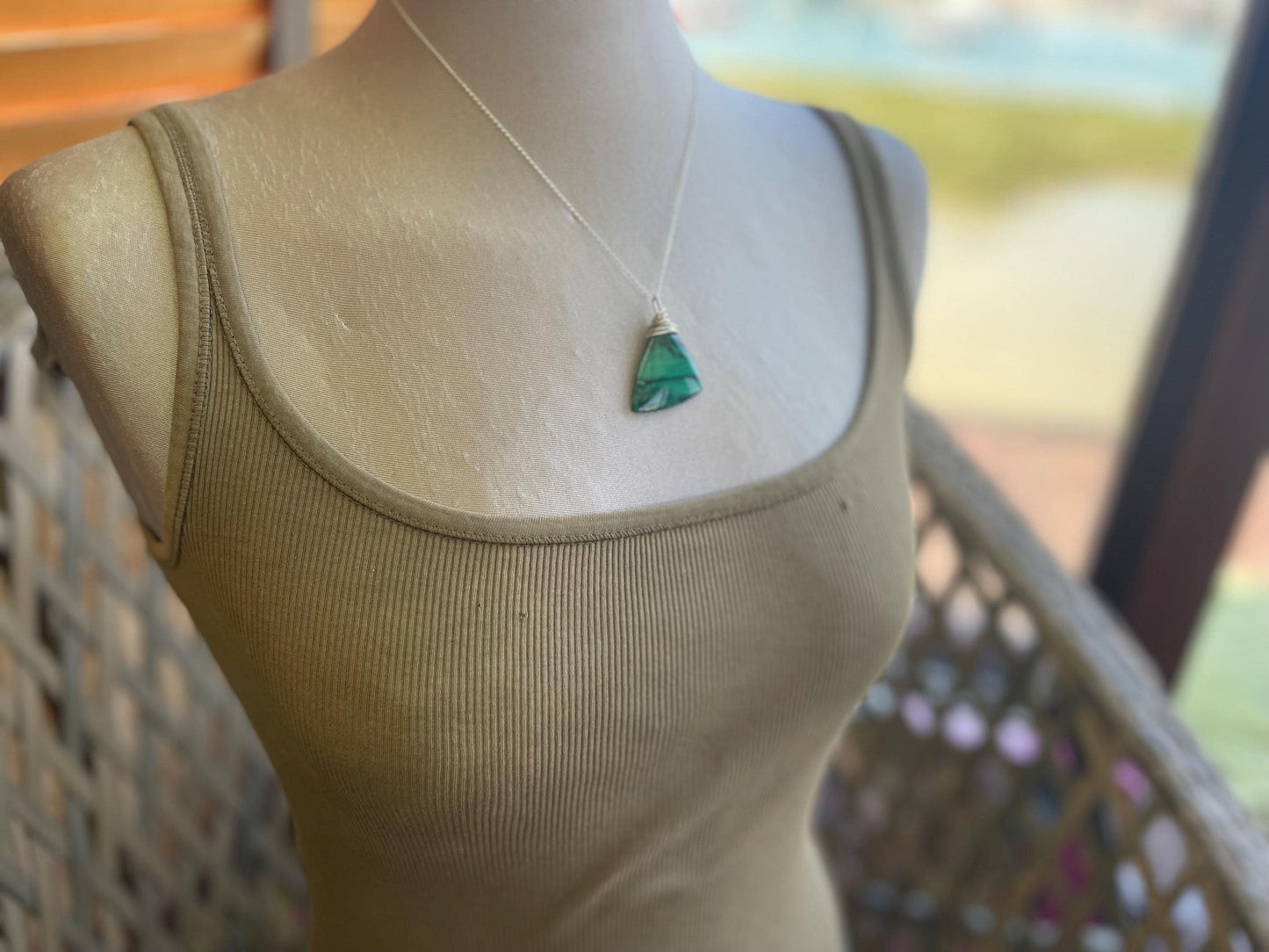 Malachite necklace, ethical jewellery, bohemian necklace, unusual jewellery, malachite pendant, green gemstone necklace. Boho jewellery