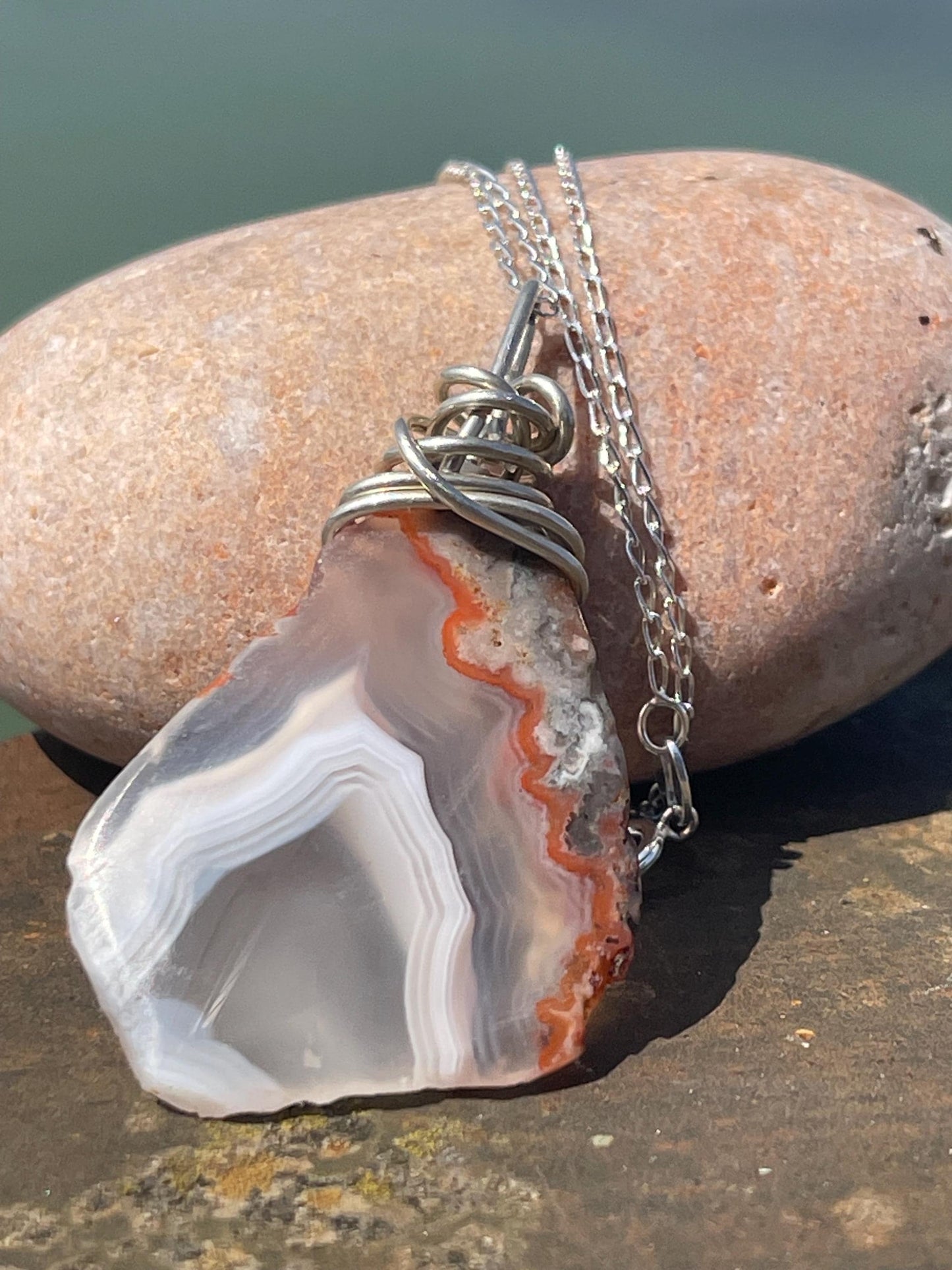 Agate necklace, ethical jewellery, bohemian necklace, unusual jewellery, agate pendant, white gemstone necklace. Boho jewellery