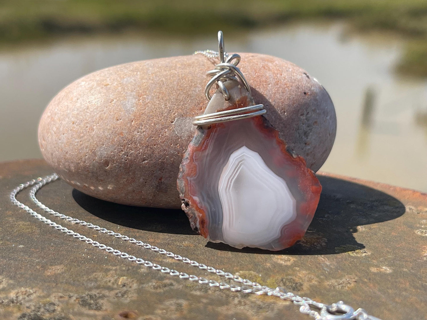 Agate necklace, ethical jewellery, bohemian necklace, unusual jewellery, agate pendant, white gemstone necklace. Boho jewellery