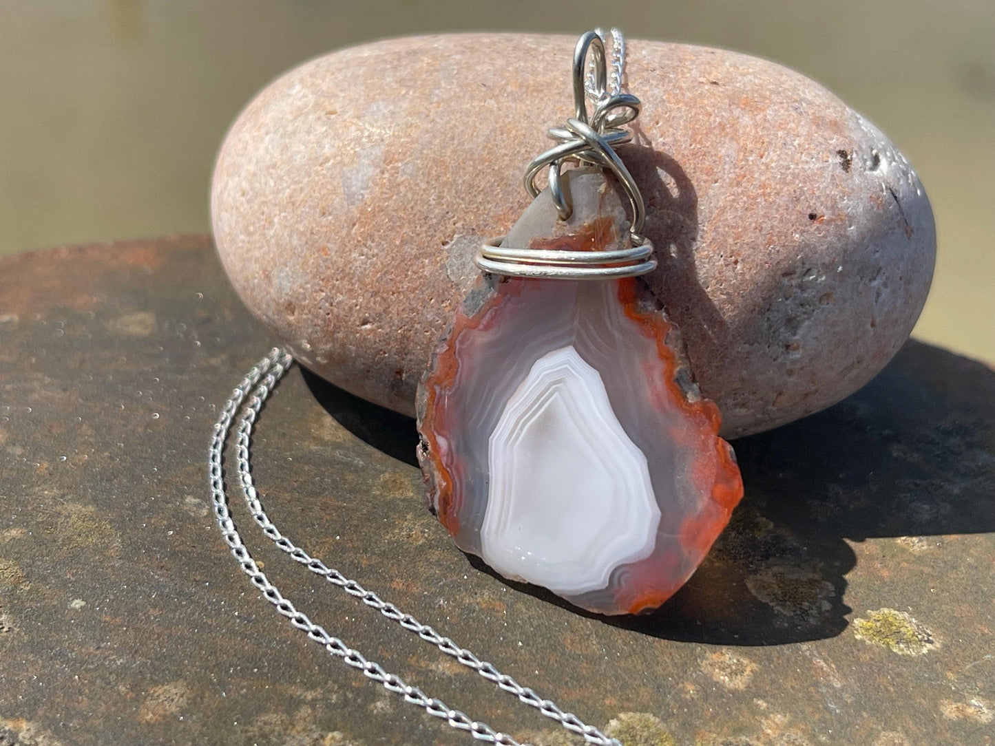 Agate necklace, ethical jewellery, bohemian necklace, unusual jewellery, agate pendant, white gemstone necklace. Boho jewellery