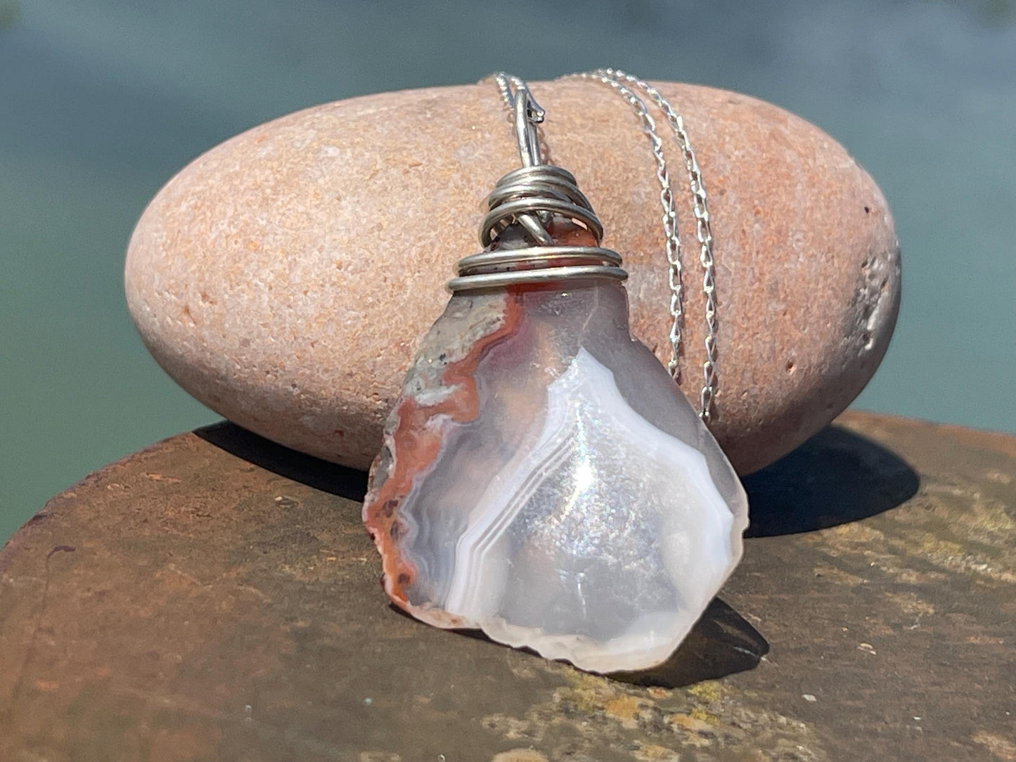 Agate necklace, ethical jewellery, bohemian necklace, unusual jewellery, agate pendant, white gemstone necklace. Boho jewellery