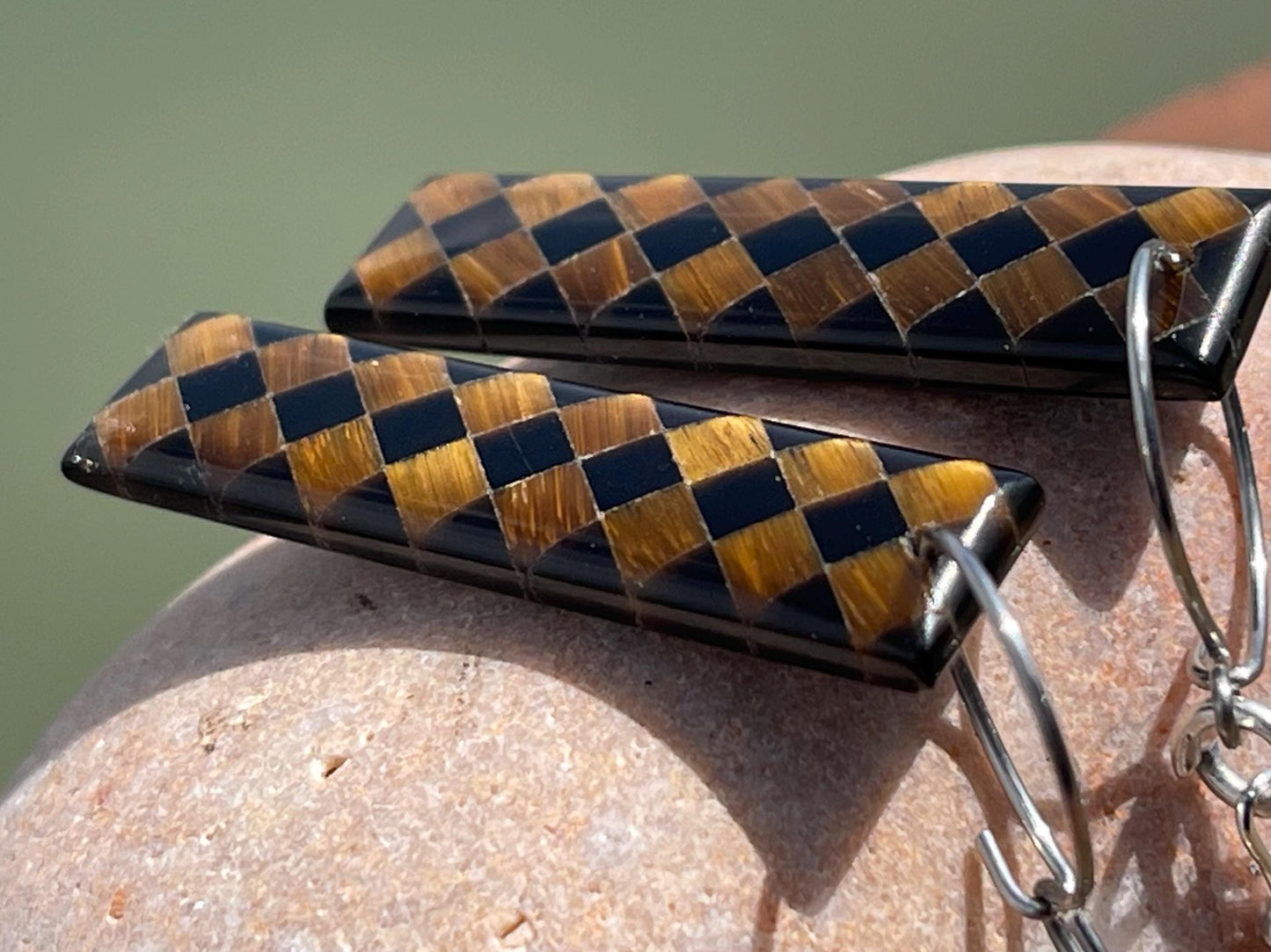 Obsidian and tigers eye gemstone earrings on sterling silver. Ethical and unique jewellery. Unique handmade earrings.