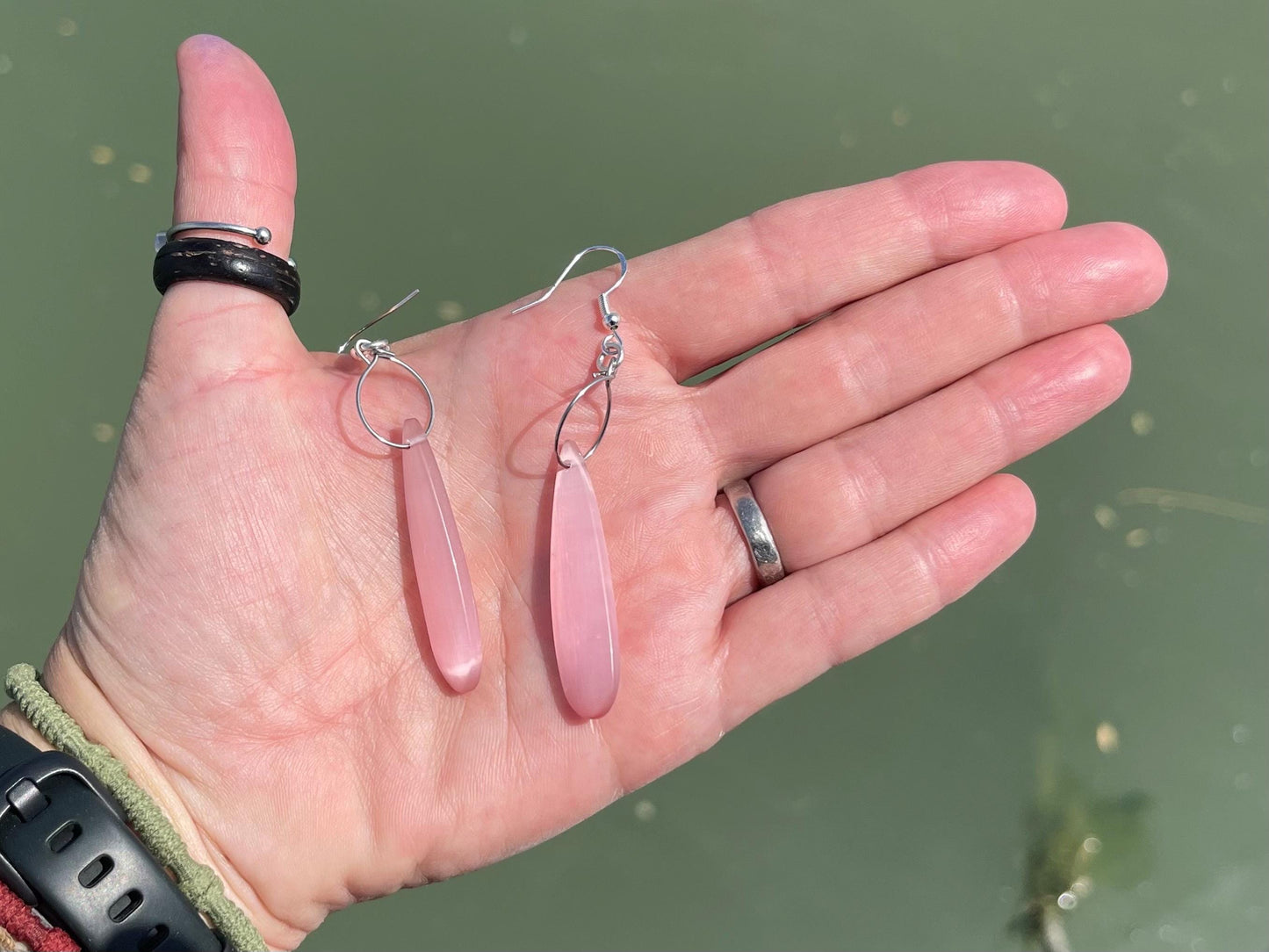 Pink cymophane earrings on sterling silver. Ethical and unique jewellery. Unique handmade earrings. Pink earrings. Pink jewellery.