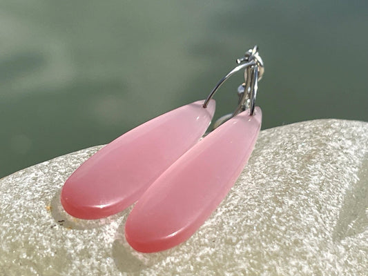 Pink cymophane earrings on sterling silver. Ethical and unique jewellery. Unique handmade earrings. Pink earrings. Pink jewellery.