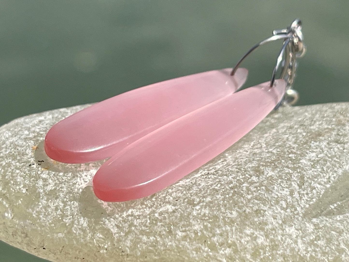 Pink cymophane earrings on sterling silver. Ethical and unique jewellery. Unique handmade earrings. Pink earrings. Pink jewellery.