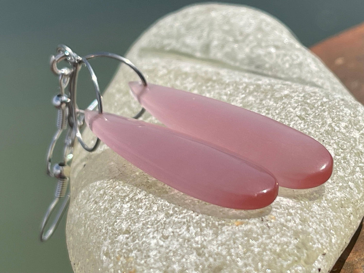 Pink cymophane earrings on sterling silver. Ethical and unique jewellery. Unique handmade earrings. Pink earrings. Pink jewellery.