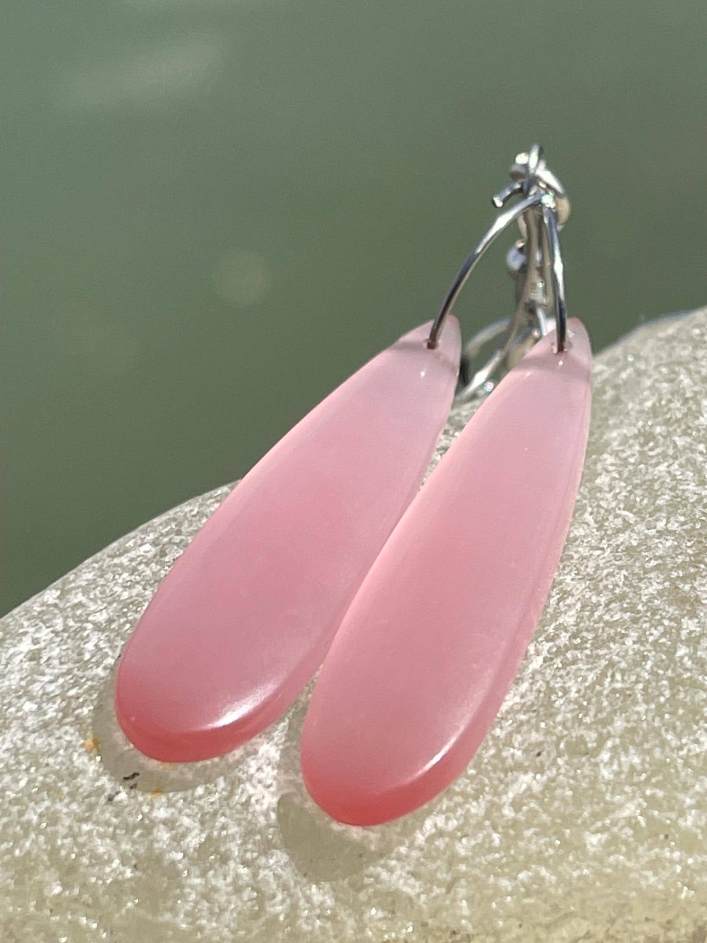 Pink cymophane earrings on sterling silver. Ethical and unique jewellery. Unique handmade earrings. Pink earrings. Pink jewellery.
