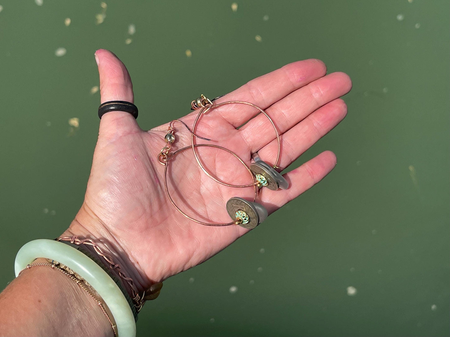 Eco friendly large sea glass & recycled copper earrings. Unique earrings, ethical jewellery, unusual boho jewellery, eco friendly jewellery.