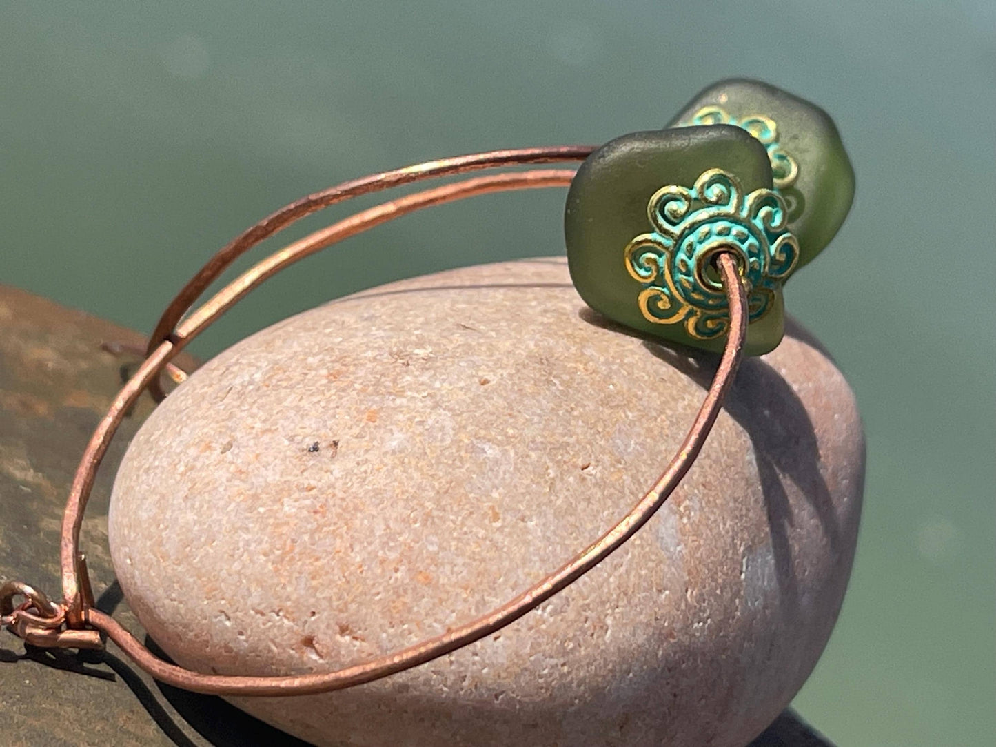 Eco friendly large sea glass & recycled copper earrings. Unique earrings, ethical jewellery, unusual boho jewellery, eco friendly jewellery.