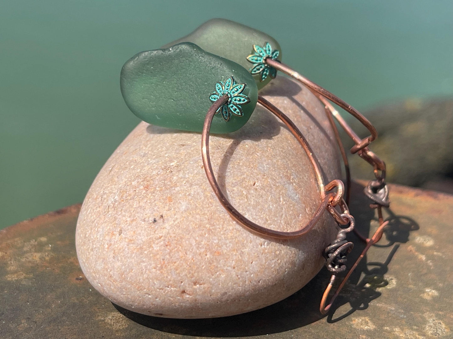 Eco friendly glass hoops on recycled copper.. Unique earrings, ethical jewellery, unusual boho jewellery, eco friendly jewellery. Eco gifts.