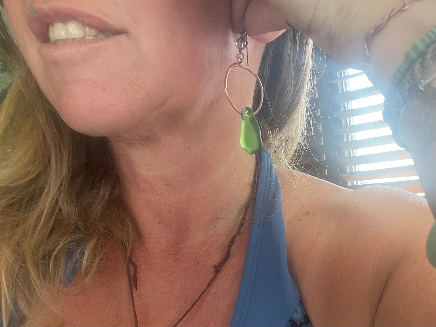 Eco friendly glass hoops on recycled copper.. Unique earrings, ethical jewellery, unusual boho jewellery, eco friendly jewellery. Eco gifts.