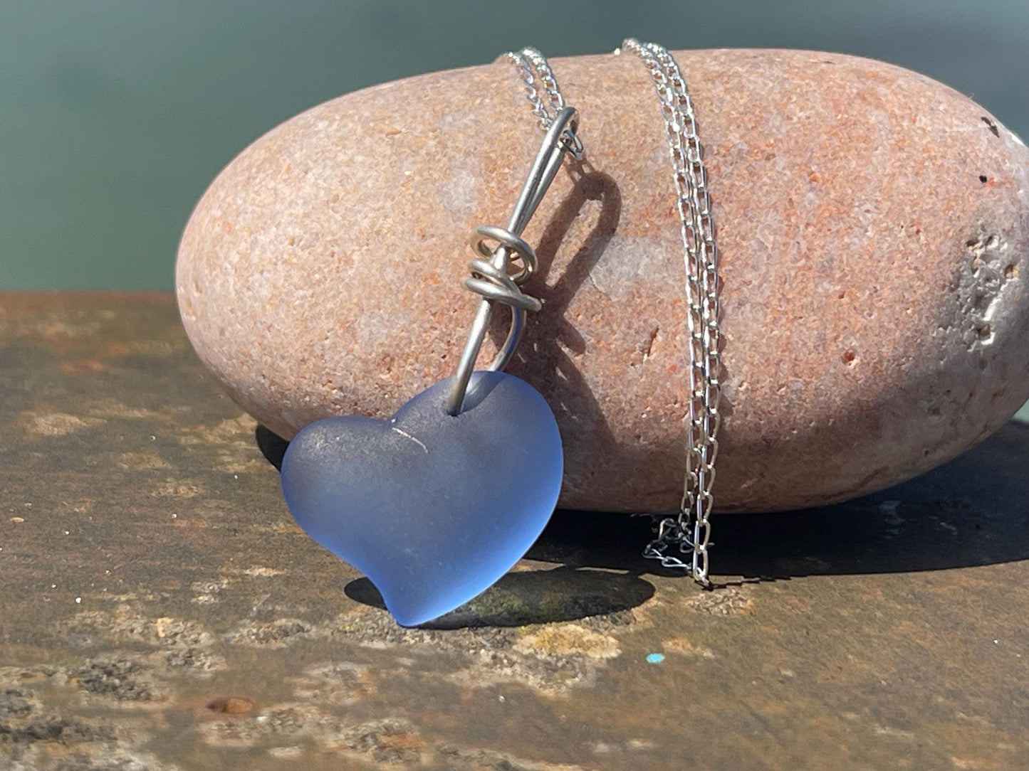Sea glass heart necklace. Recycled necklace, gift for him. Ethical jewellery. Sea glass pendant. Eco friendly necklace, boho surf jewellery