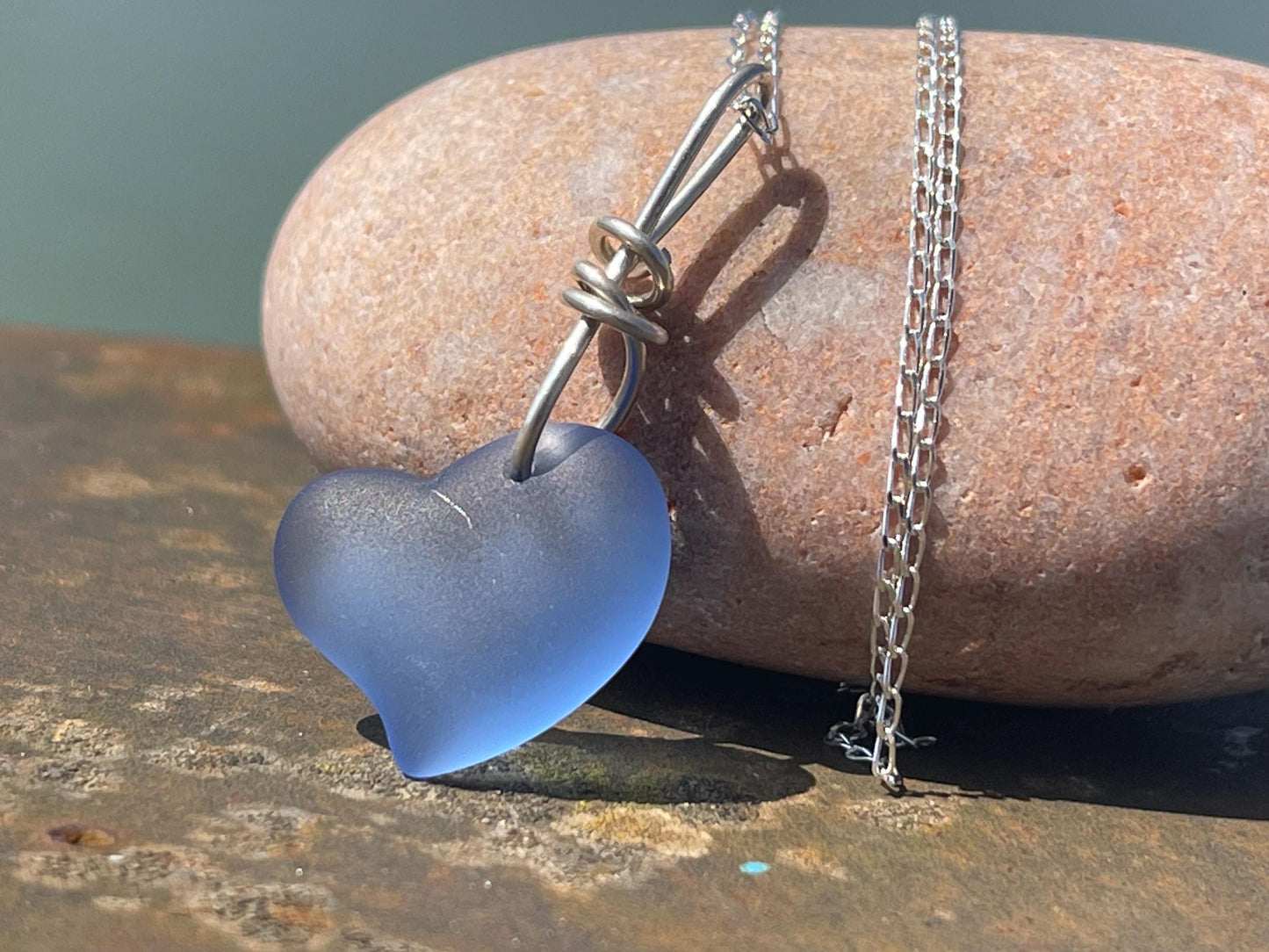 Sea glass heart necklace. Recycled necklace, gift for him. Ethical jewellery. Sea glass pendant. Eco friendly necklace, boho surf jewellery