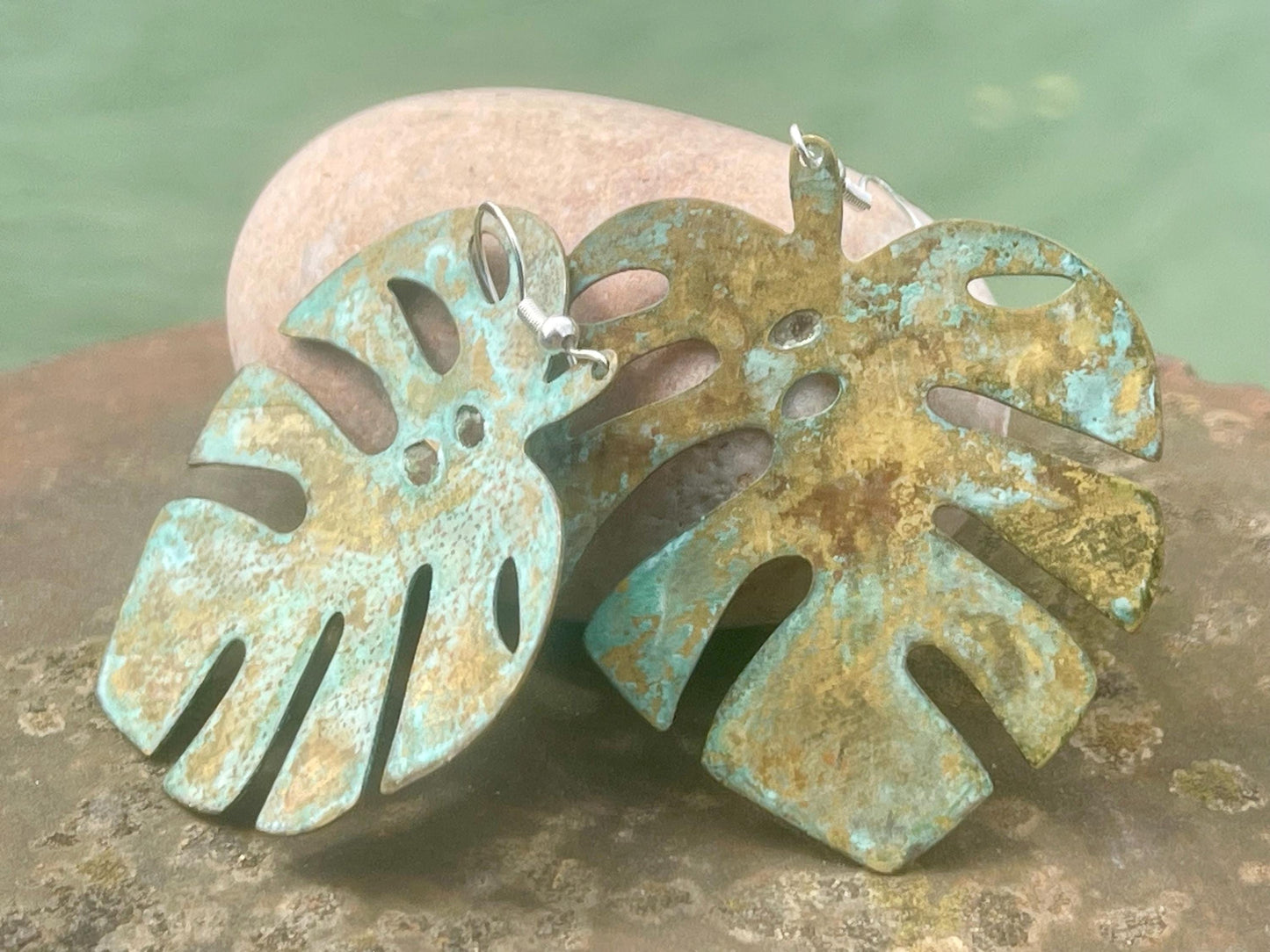 Handmade leaf earrings. Rustic earrings, unusual earrings, unusual gift for her, blue earrings, boho earrings, large statement earrings.