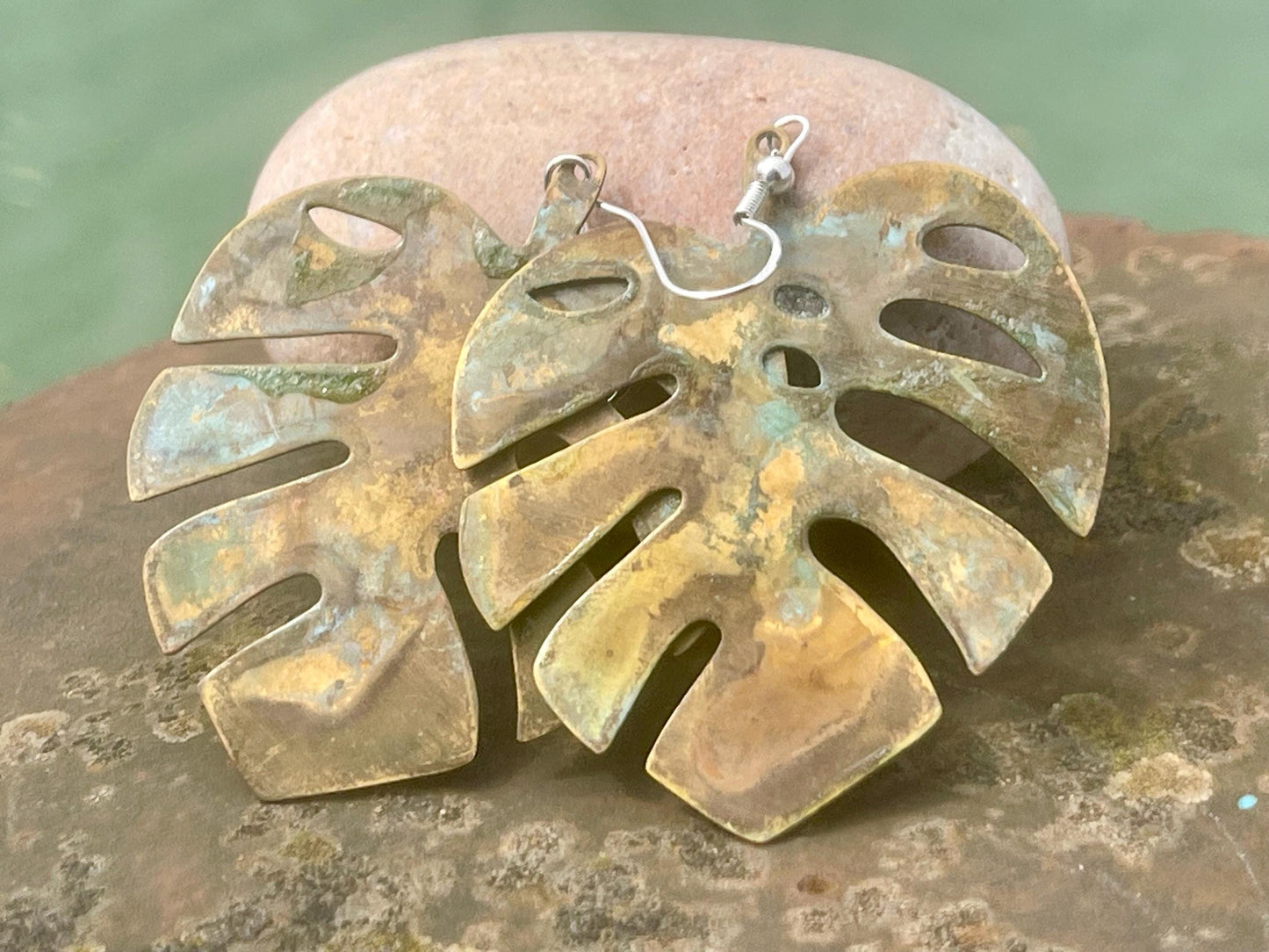 Handmade leaf earrings. Rustic earrings, unusual earrings, unusual gift for her, blue earrings, boho earrings, large statement earrings.