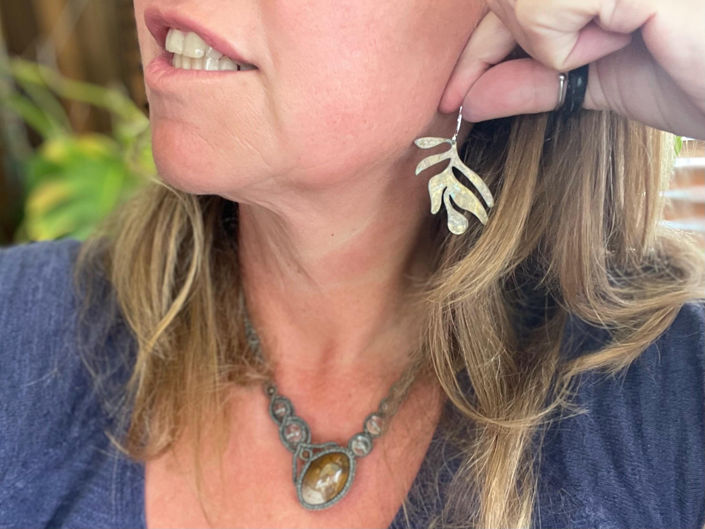 Handmade leaf earrings. Rustic earrings, unusual earrings, unusual gift for her, blue earrings, boho earrings, large statement earrings.