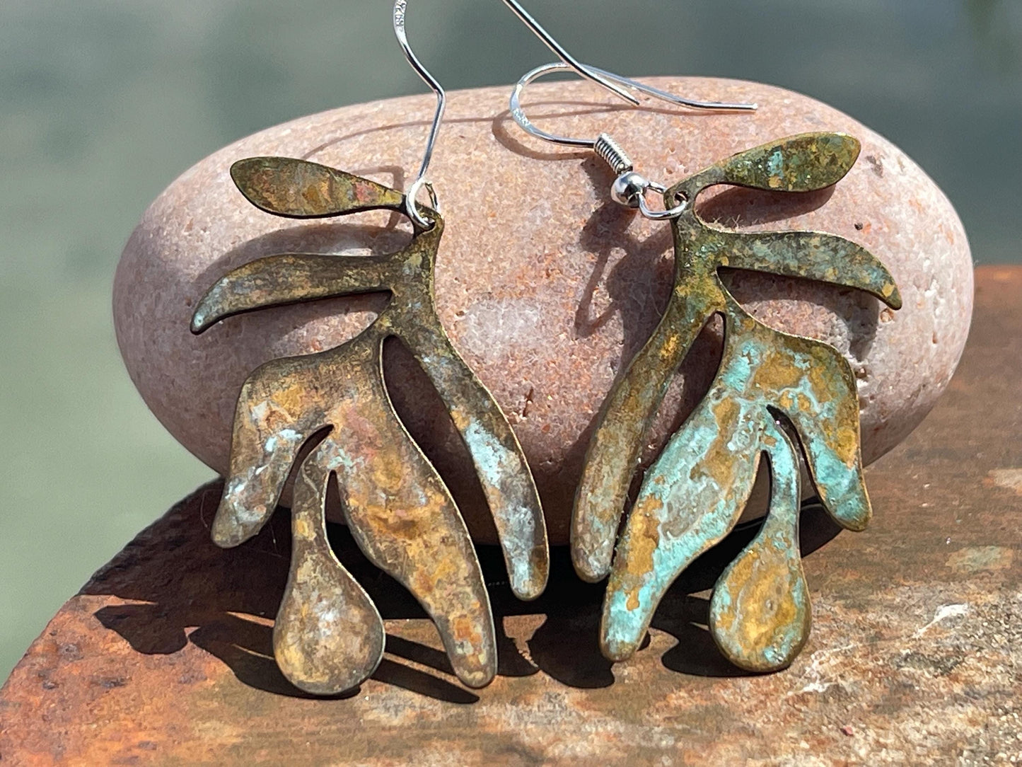 Handmade leaf earrings. Rustic earrings, unusual earrings, unusual gift for her, blue earrings, boho earrings, large statement earrings.