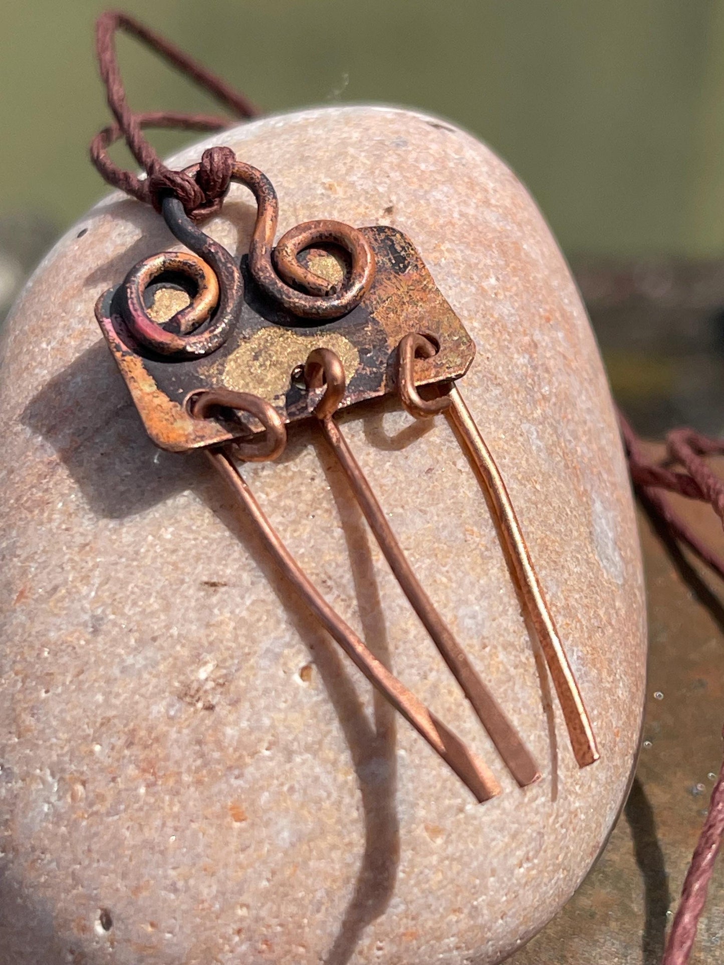 Robot necklace made with welded off-cuts of copper. Handmade jewellery, unique boho jewellery, ethical jewellery. Robot pendant.
