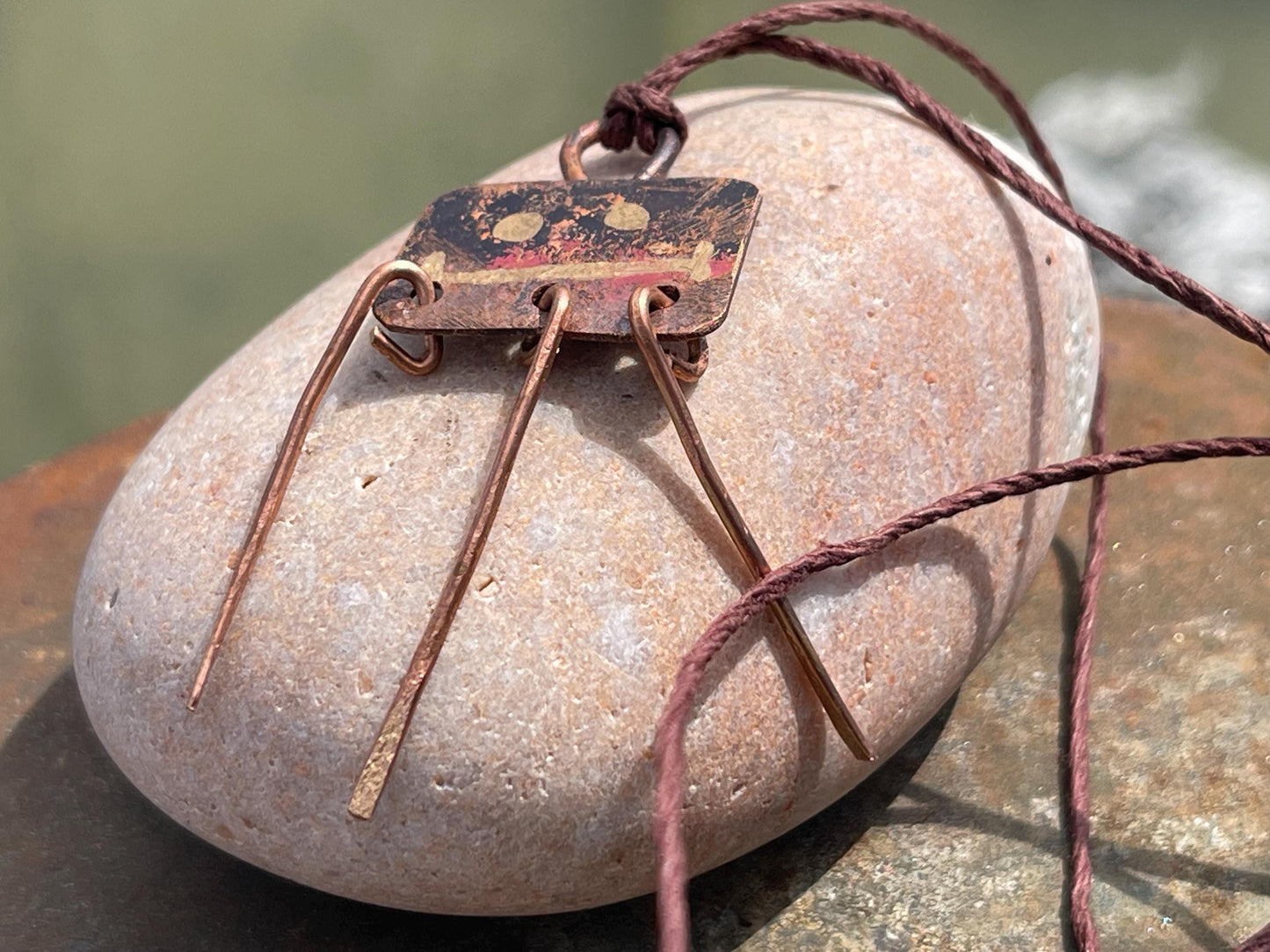 Robot necklace made with welded off-cuts of copper. Handmade jewellery, unique boho jewellery, ethical jewellery. Robot pendant.