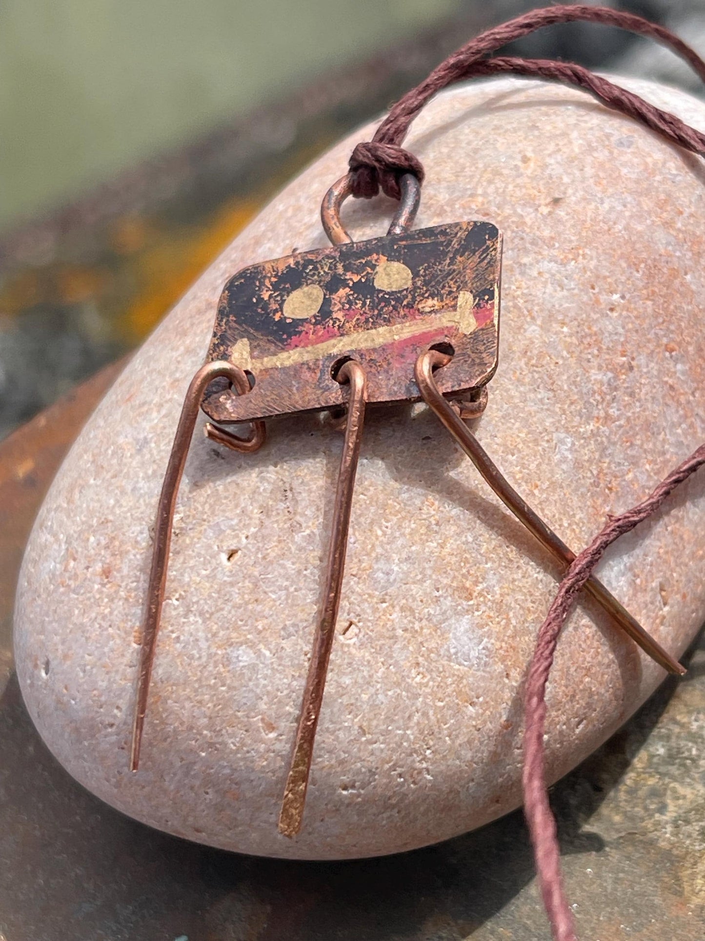 Robot necklace made with welded off-cuts of copper. Handmade jewellery, unique boho jewellery, ethical jewellery. Robot pendant.