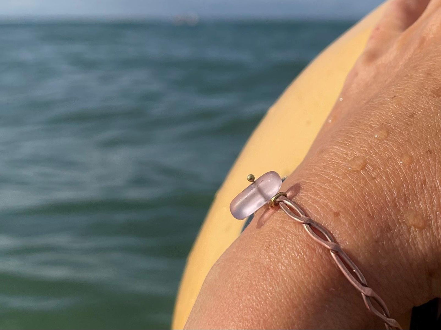 Pink sea glass and recycled copper bracelet. Eco friendly rustic beach jewellery. Unique boho jewellery. Pink sea glass bracelet. Ethical