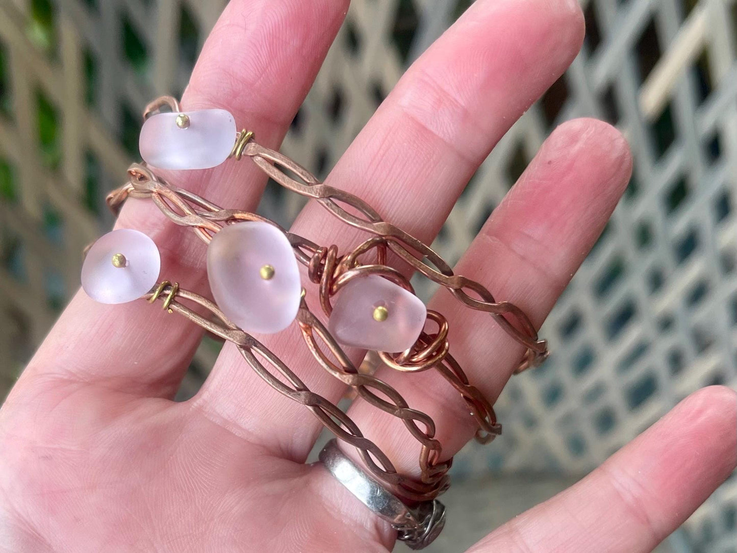 Pink sea glass and recycled copper bracelet. Eco friendly rustic beach jewellery. Unique boho jewellery. Pink sea glass bracelet. Ethical