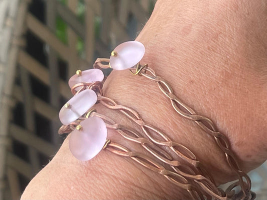 Pink sea glass and recycled copper bracelet. Eco friendly rustic beach jewellery. Unique boho jewellery. Pink sea glass bracelet. Ethical