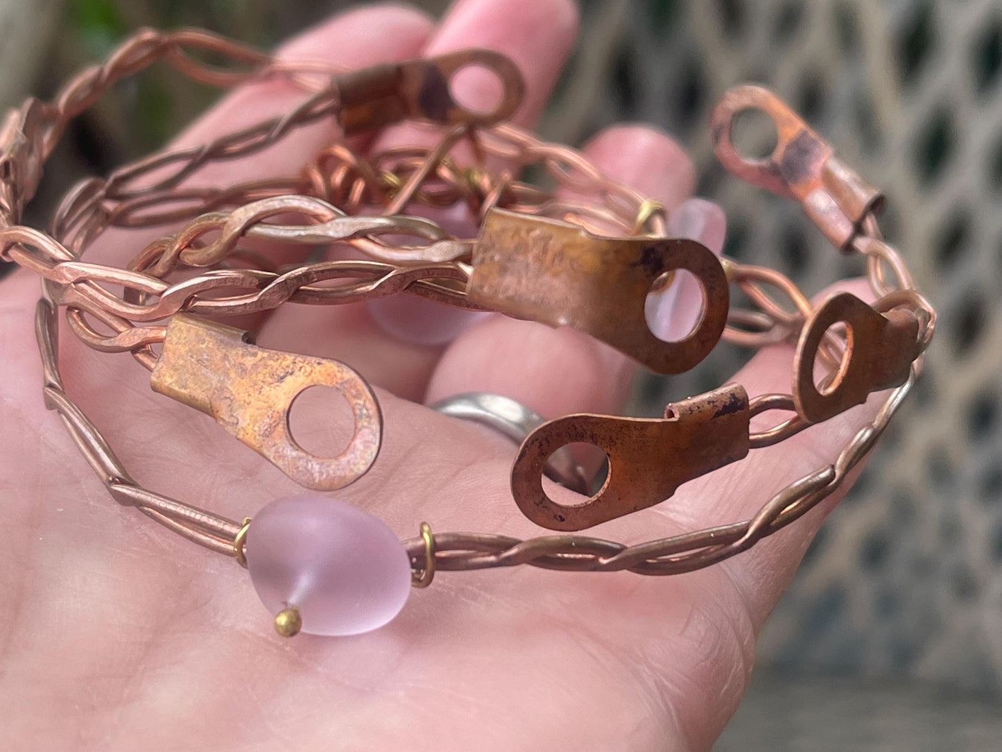 Pink sea glass and recycled copper bracelet. Eco friendly rustic beach jewellery. Unique boho jewellery. Pink sea glass bracelet. Ethical
