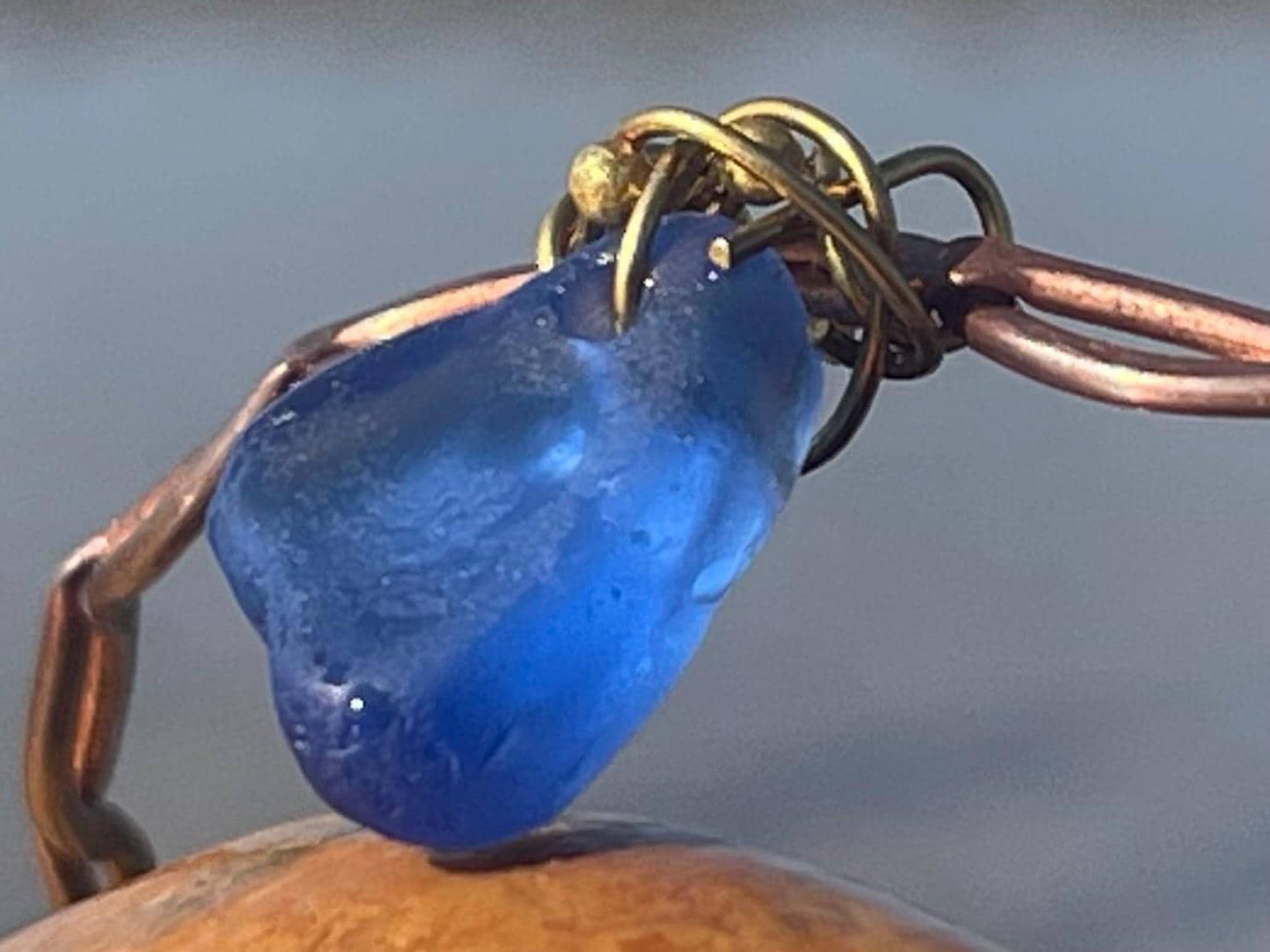 Blue sea glass and recycled copper bracelet. Eco friendly rustic beach jewellery. Unique boho jewellery. Blue sea glass bracelet. Ethical