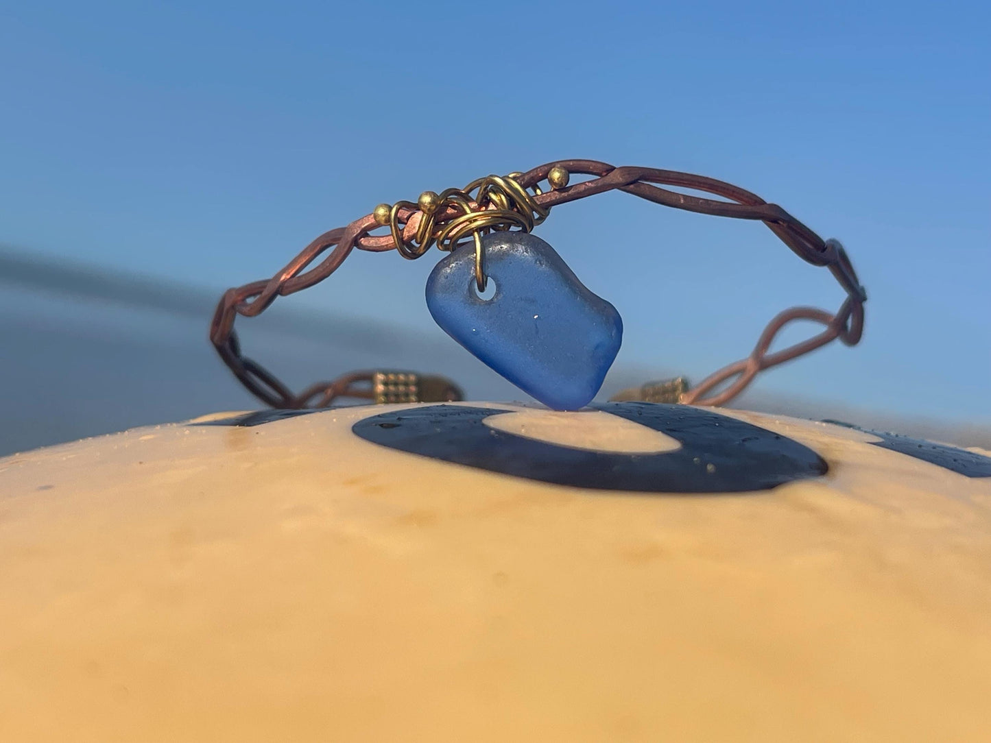 Blue sea glass and recycled copper bracelet. Eco friendly rustic beach jewellery. Unique boho jewellery. Blue sea glass bracelet. Ethical