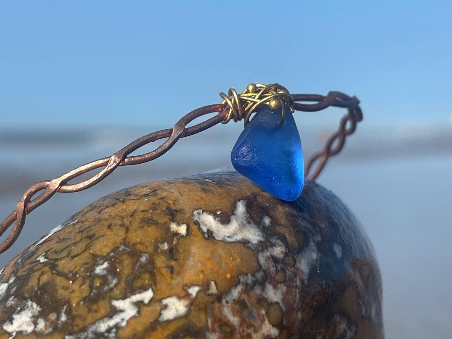 Blue sea glass and recycled copper bracelet. Eco friendly rustic beach jewellery. Unique boho jewellery. Blue sea glass bracelet. Ethical