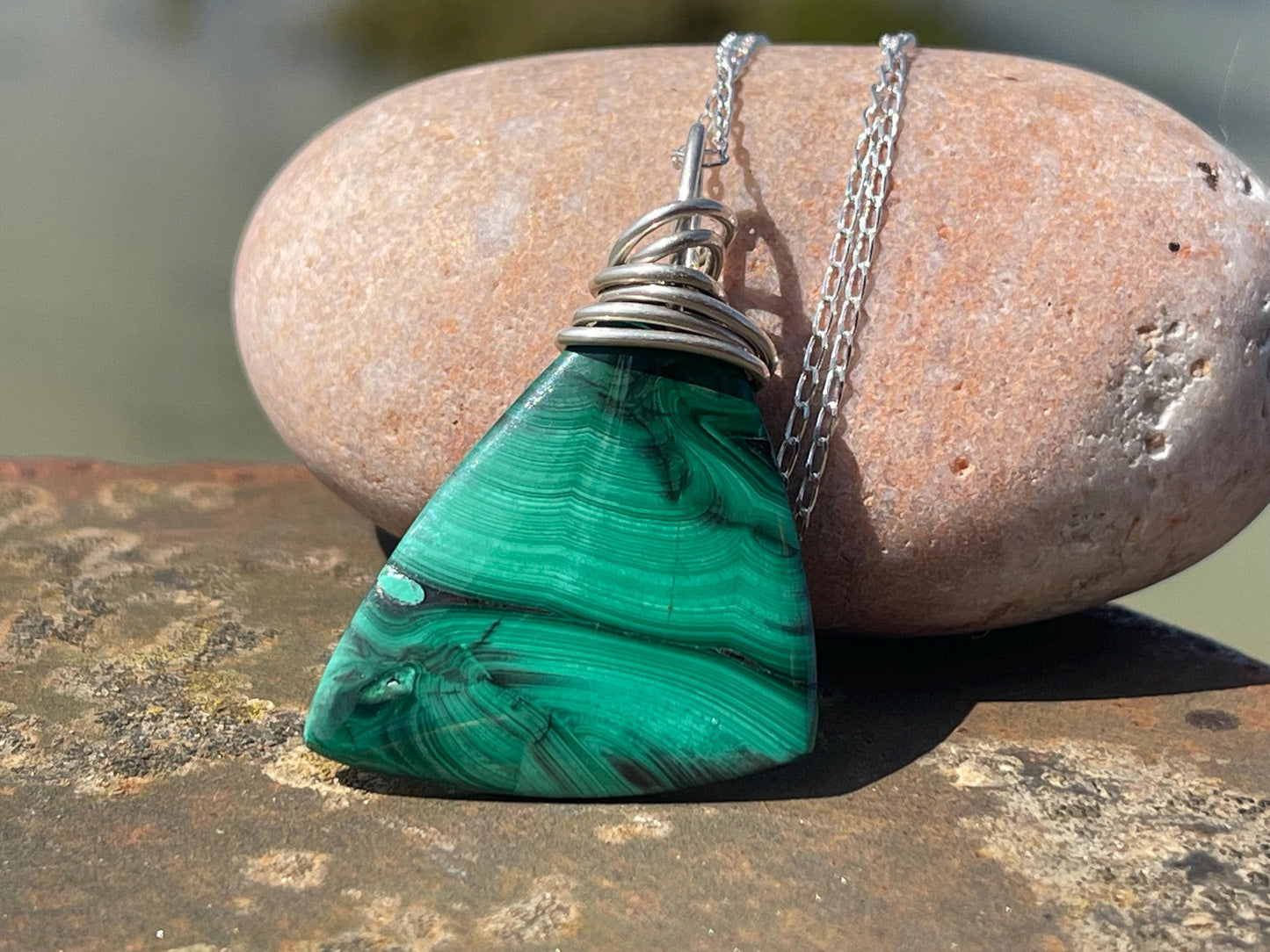 Malachite necklace, ethical jewellery, bohemian necklace, unusual jewellery, malachite pendant, green gemstone necklace. Boho jewellery