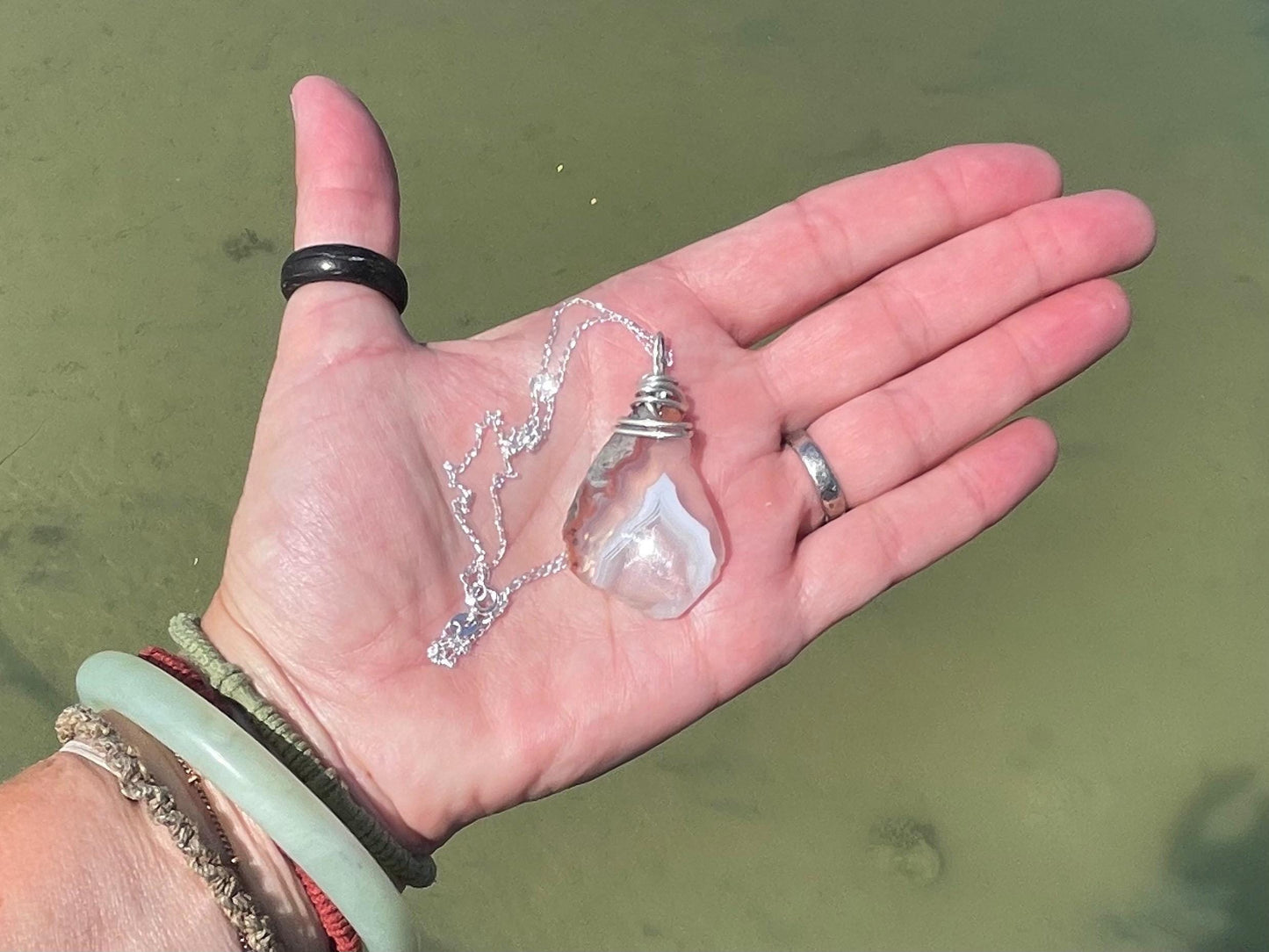 Agate necklace, ethical jewellery, bohemian necklace, unusual jewellery, agate pendant, white gemstone necklace. Boho jewellery