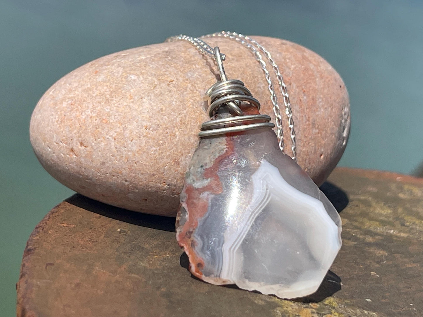 Agate necklace, ethical jewellery, bohemian necklace, unusual jewellery, agate pendant, white gemstone necklace. Boho jewellery