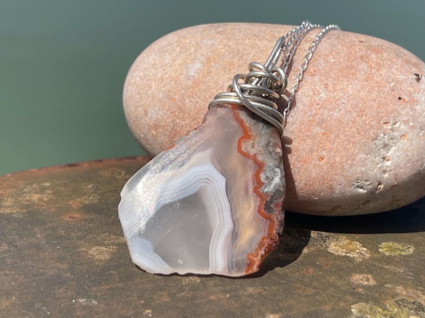 Agate necklace, ethical jewellery, bohemian necklace, unusual jewellery, agate pendant, white gemstone necklace. Boho jewellery