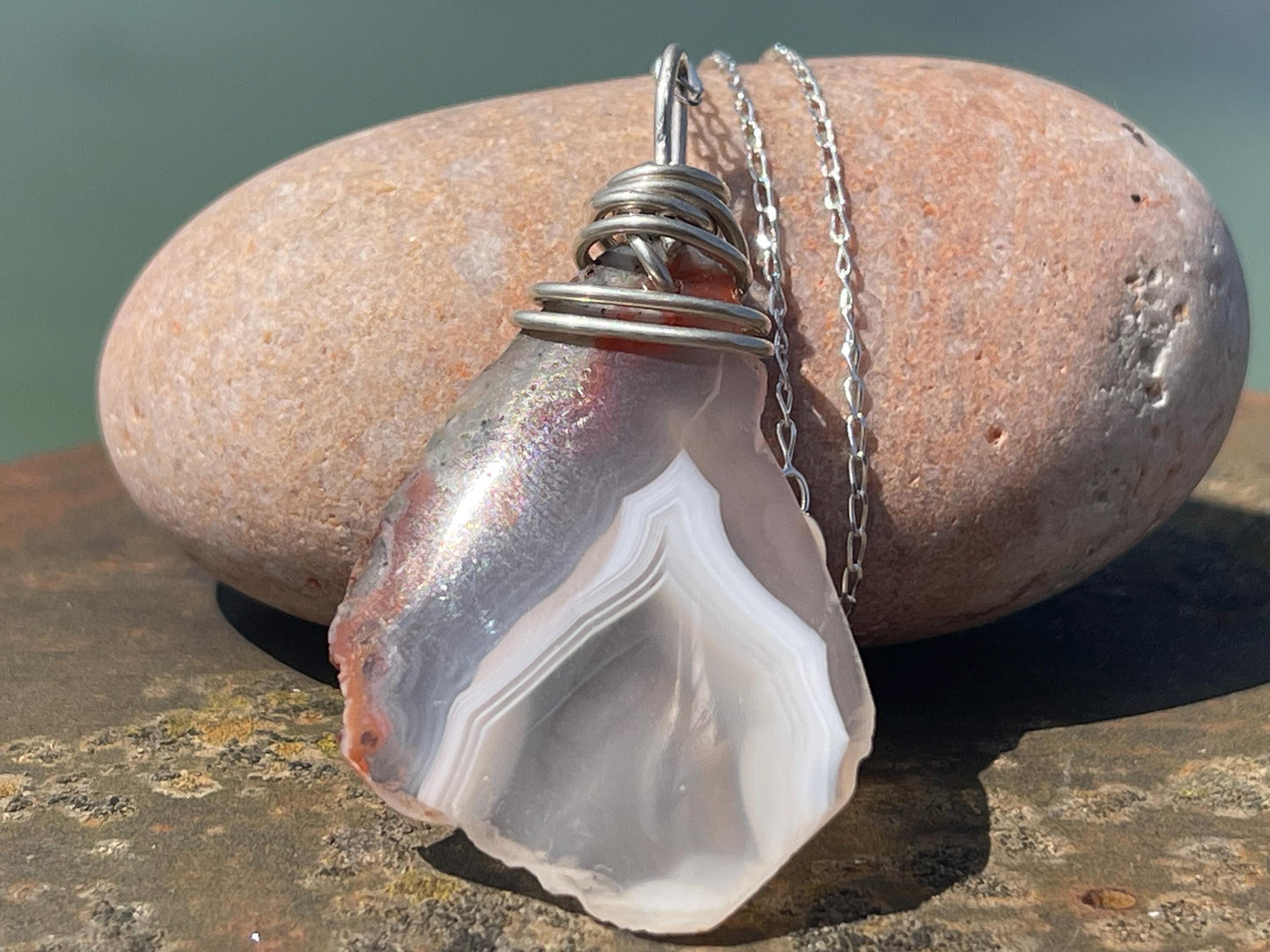 Agate necklace, ethical jewellery, bohemian necklace, unusual jewellery, agate pendant, white gemstone necklace. Boho jewellery