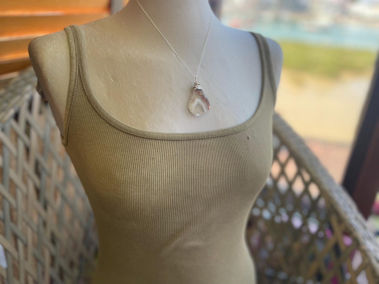 Agate necklace, ethical jewellery, bohemian necklace, unusual jewellery, agate pendant, white gemstone necklace. Boho jewellery