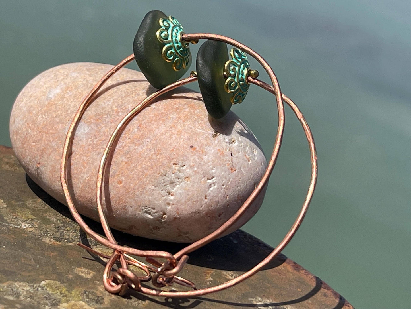 Eco friendly large sea glass & recycled copper earrings. Unique earrings, ethical jewellery, unusual boho jewellery, eco friendly jewellery.