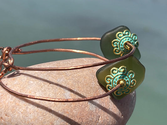 Eco friendly large sea glass & recycled copper earrings. Unique earrings, ethical jewellery, unusual boho jewellery, eco friendly jewellery.