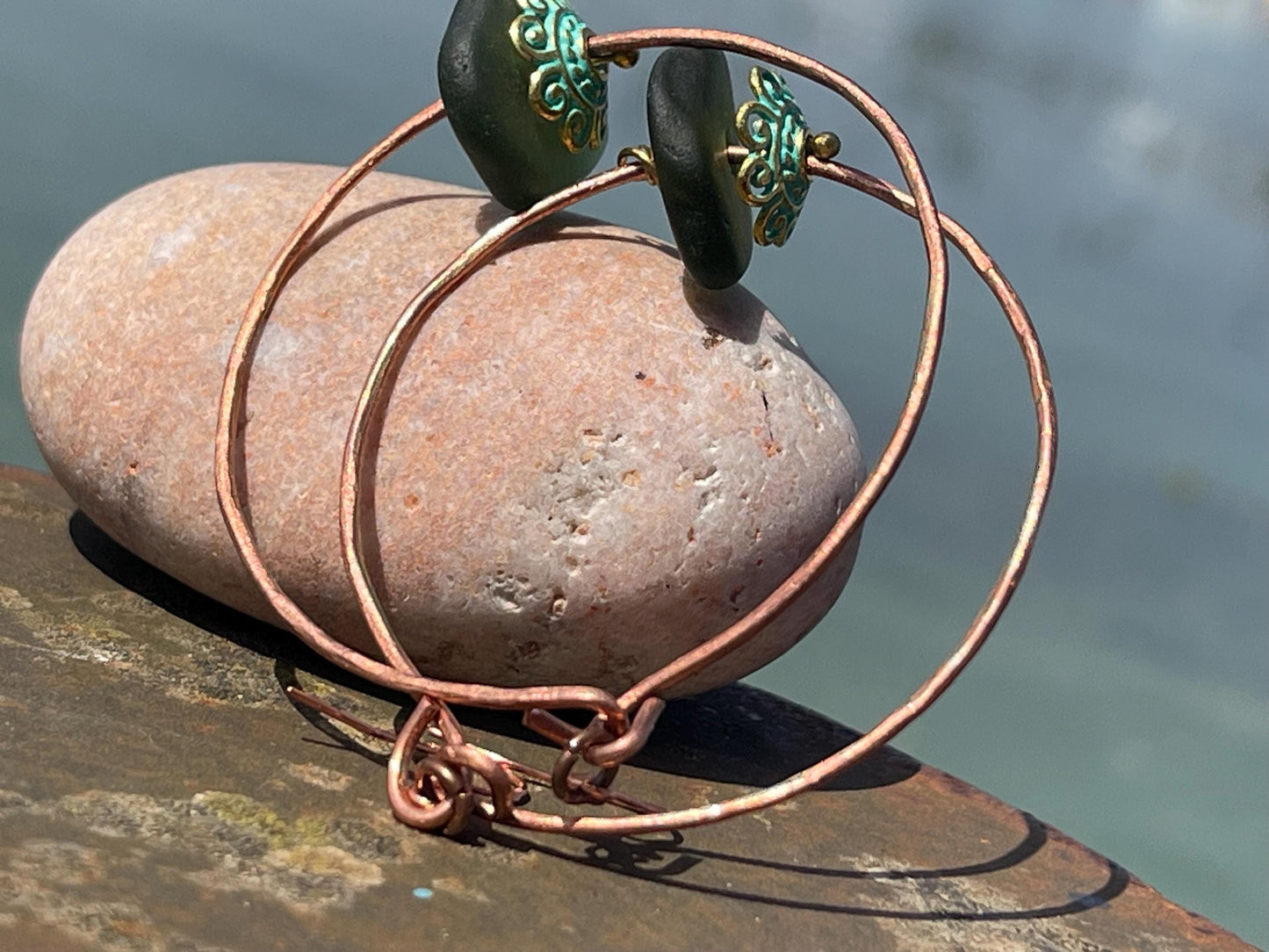 Eco friendly large sea glass & recycled copper earrings. Unique earrings, ethical jewellery, unusual boho jewellery, eco friendly jewellery.