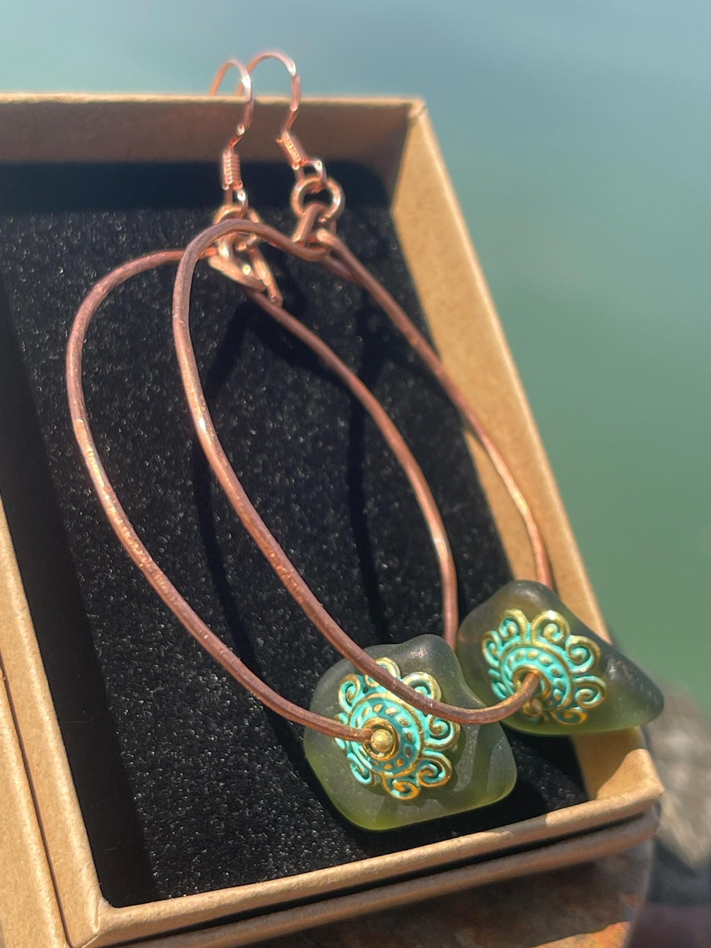 Eco friendly large sea glass & recycled copper earrings. Unique earrings, ethical jewellery, unusual boho jewellery, eco friendly jewellery.