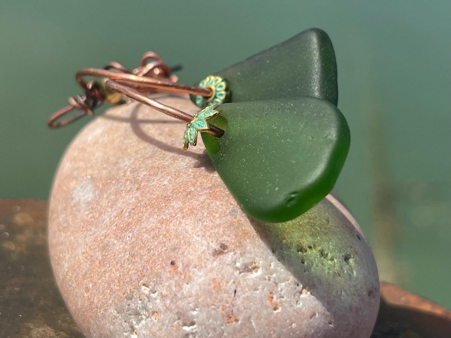 Eco friendly glass hoops on recycled copper.. Unique earrings, ethical jewellery, unusual boho jewellery, eco friendly jewellery. Eco gifts.
