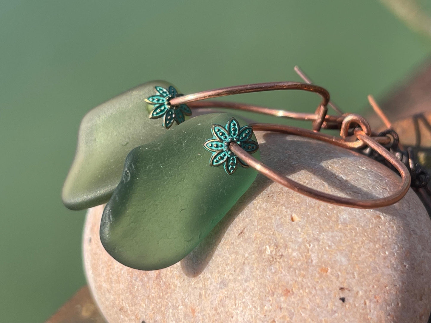 Eco friendly glass hoops on recycled copper.. Unique earrings, ethical jewellery, unusual boho jewellery, eco friendly jewellery. Eco gifts.