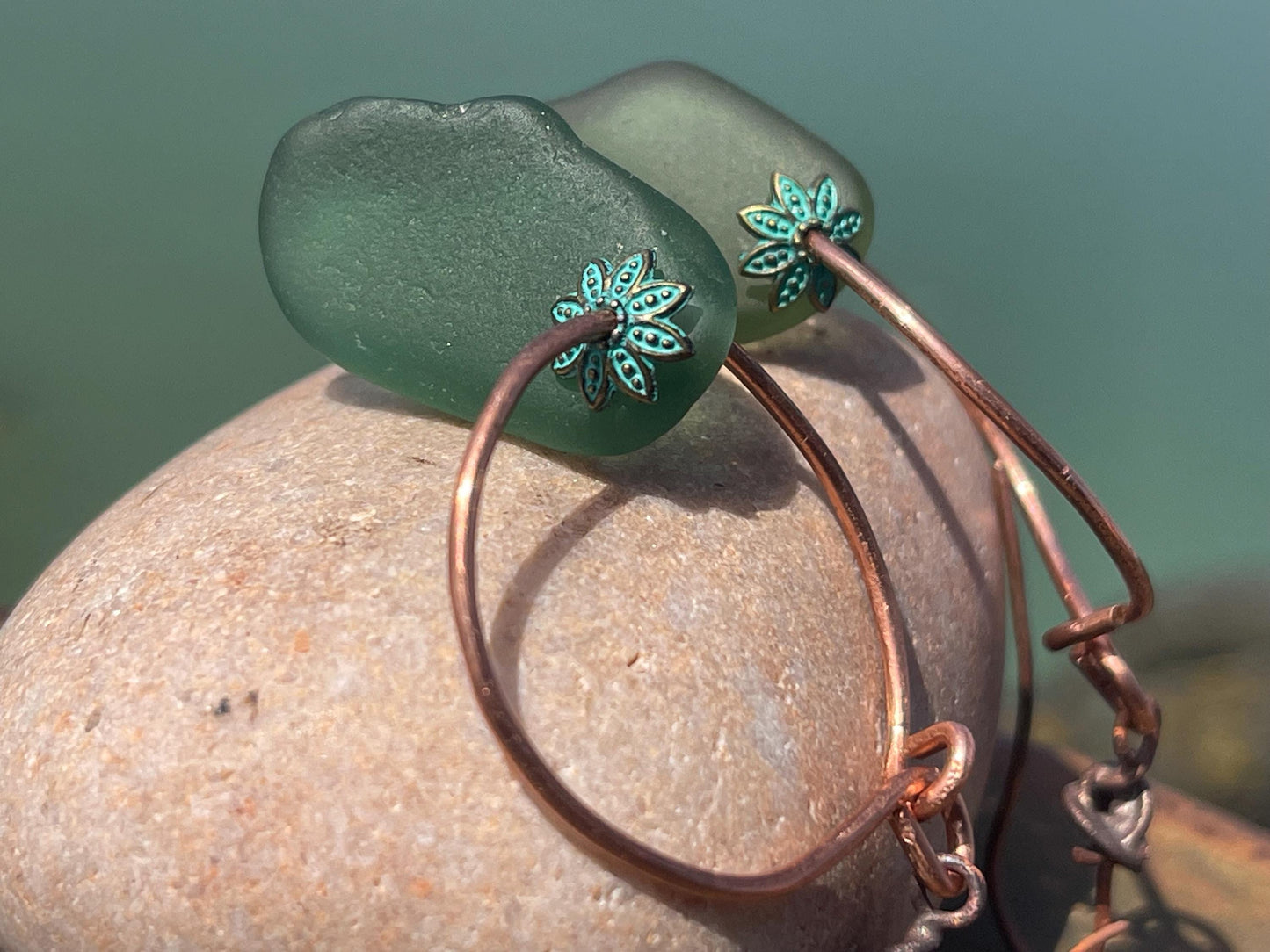 Eco friendly glass hoops on recycled copper.. Unique earrings, ethical jewellery, unusual boho jewellery, eco friendly jewellery. Eco gifts.