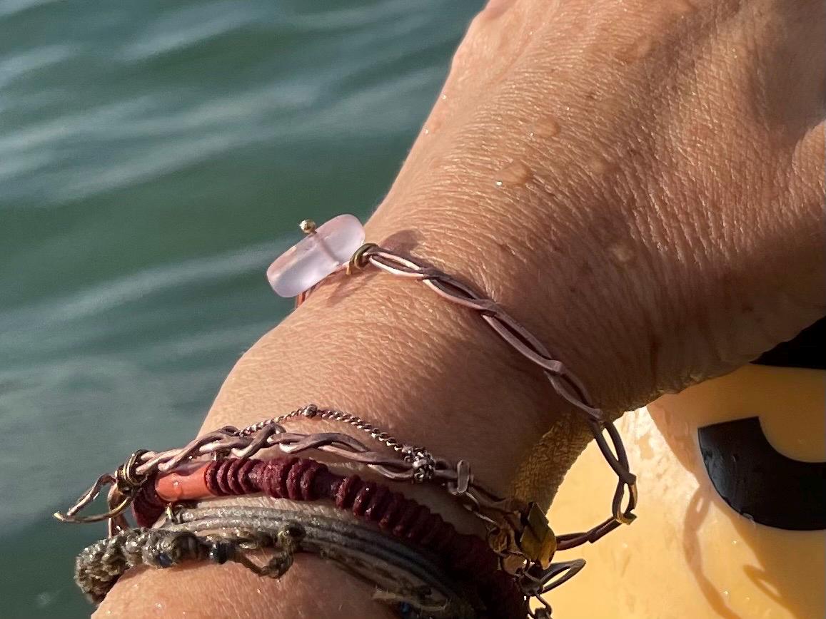 Pink sea glass and recycled copper bracelet. Eco friendly rustic beach jewellery. Unique boho jewellery. Pink sea glass bracelet. Ethical