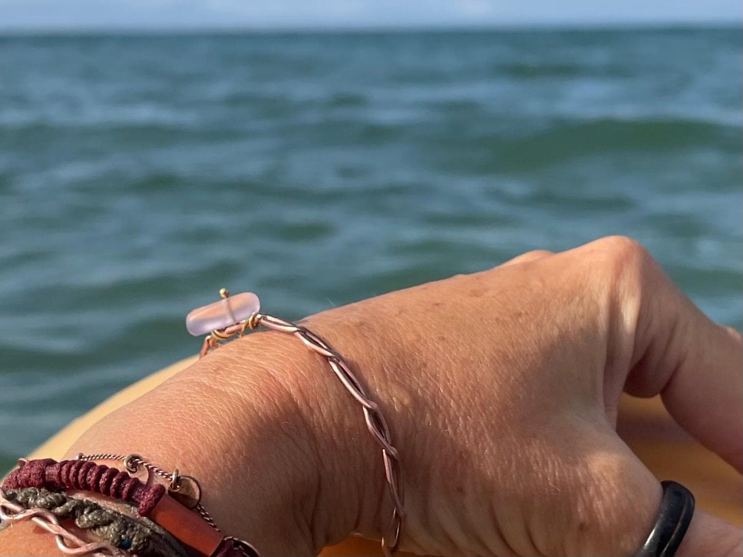 Pink sea glass and recycled copper bracelet. Eco friendly rustic beach jewellery. Unique boho jewellery. Pink sea glass bracelet. Ethical