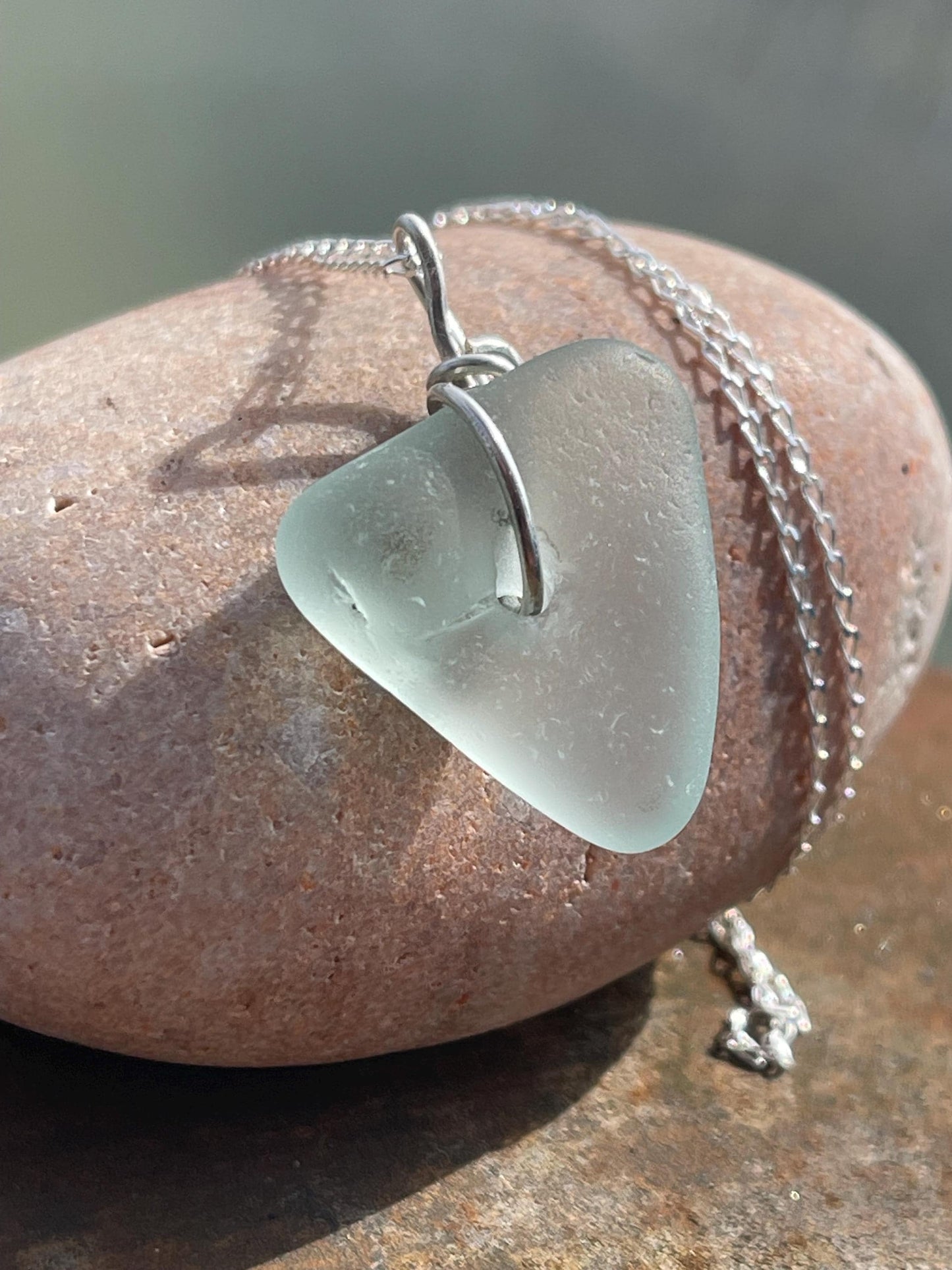 Eco friendly necklace. Aqua sea glass necklace on a recycled sterling silver chain. Handmade eco friendly jewellery. ethical jewellery