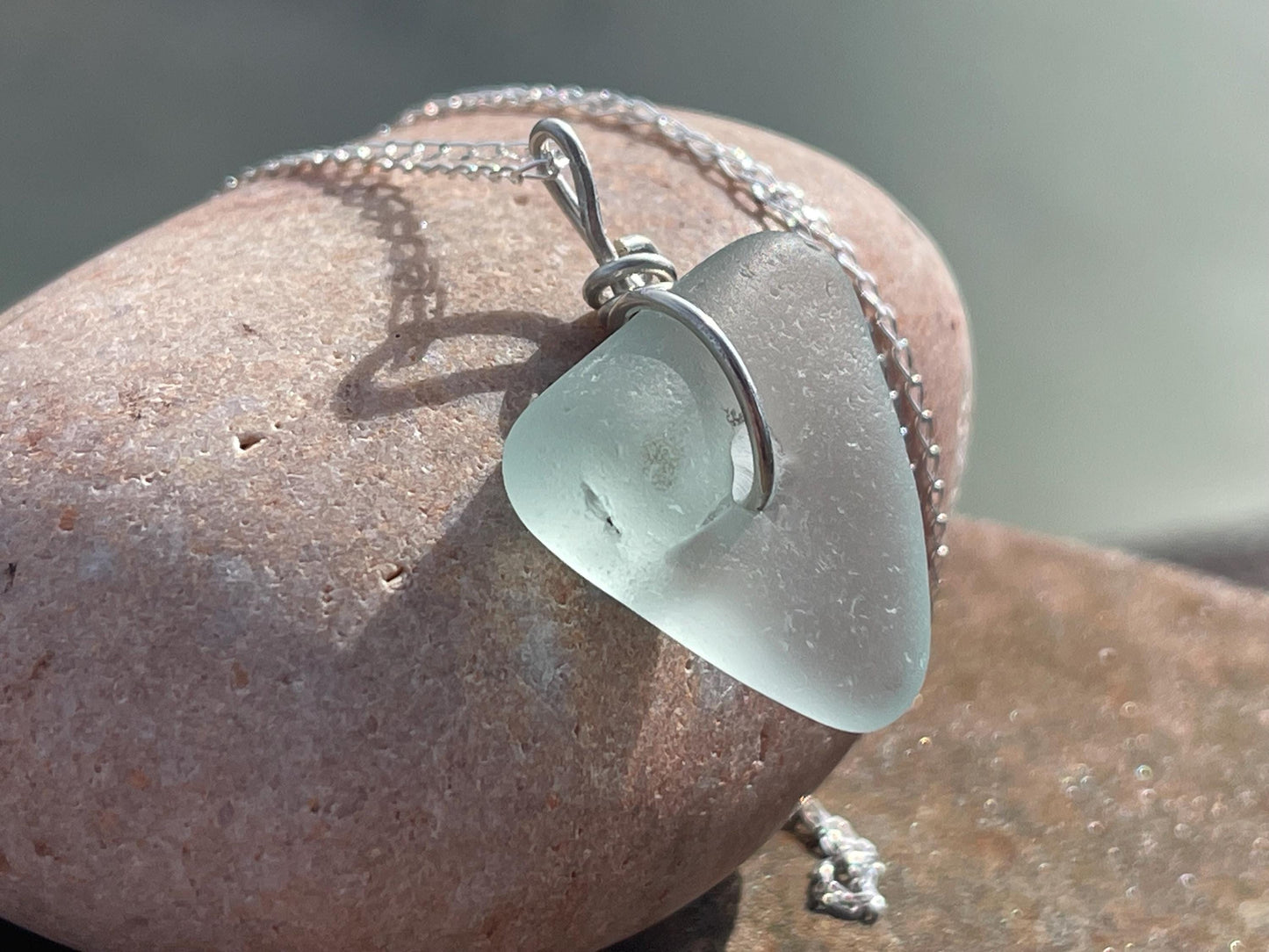 Eco friendly necklace. Aqua sea glass necklace on a recycled sterling silver chain. Handmade eco friendly jewellery. ethical jewellery
