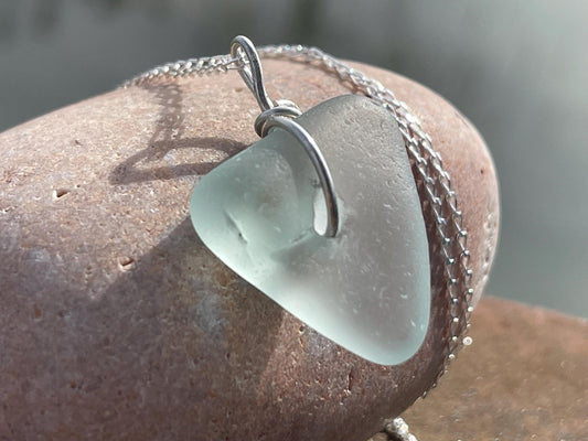 Eco friendly necklace. Aqua sea glass necklace on a recycled sterling silver chain. Handmade eco friendly jewellery. ethical jewellery