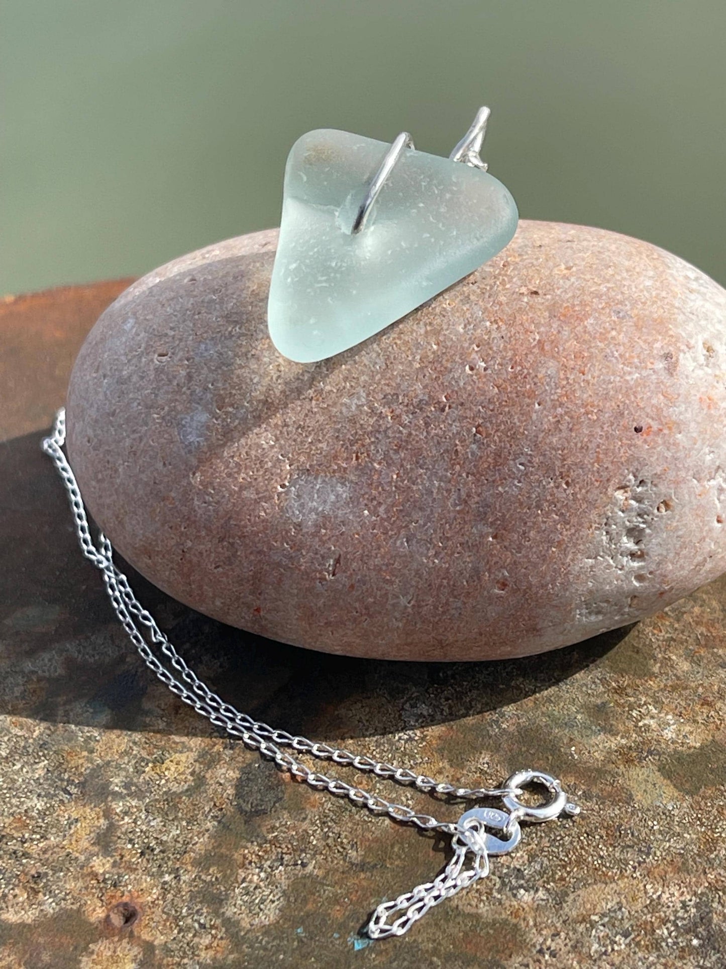 Eco friendly necklace. Aqua sea glass necklace on a recycled sterling silver chain. Handmade eco friendly jewellery. ethical jewellery